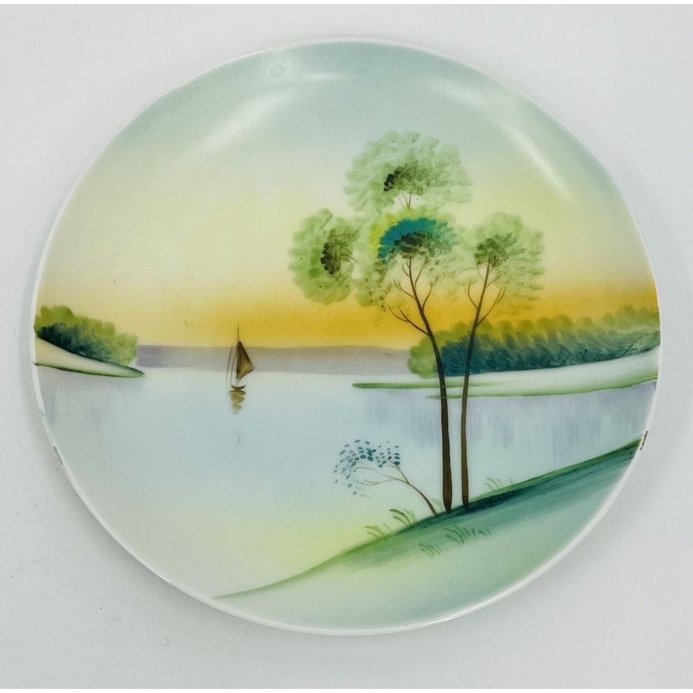 Vintage Meito China Hand Painted Porcelain Plate Sailboat Lake Scene Japan